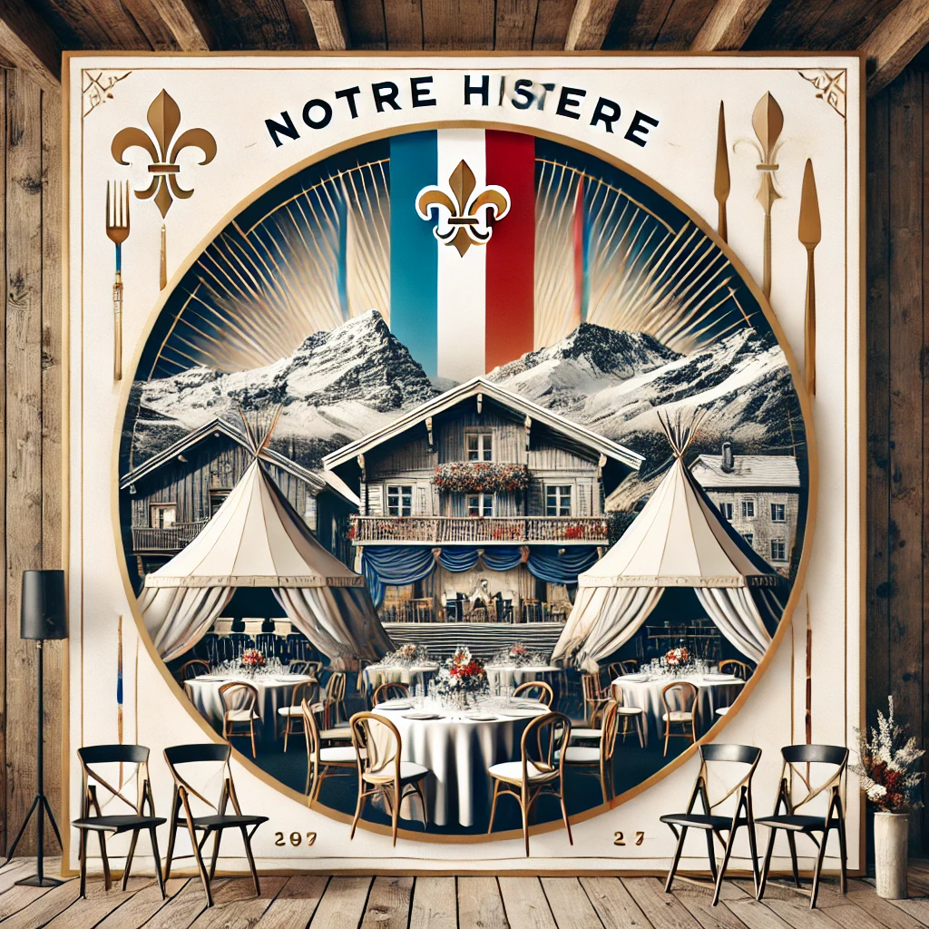 Dall·e 2024 09 16 21.19.13 An Elegant Image Titled 'notre Histoire', Designed For A Company Specializing In Event Equipment Rentals, With Additional Touches Inspired By Savoie.