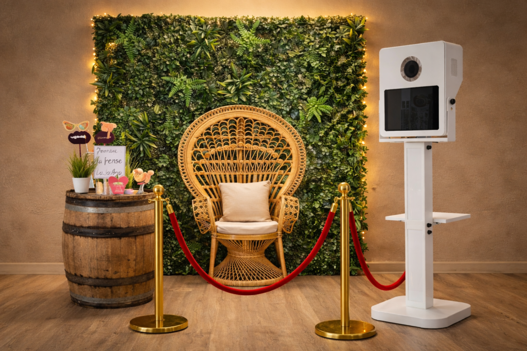 Location photobooth avec mur végétal, fauteuil en rotin et potelets dorés pour mariage à Chambéry