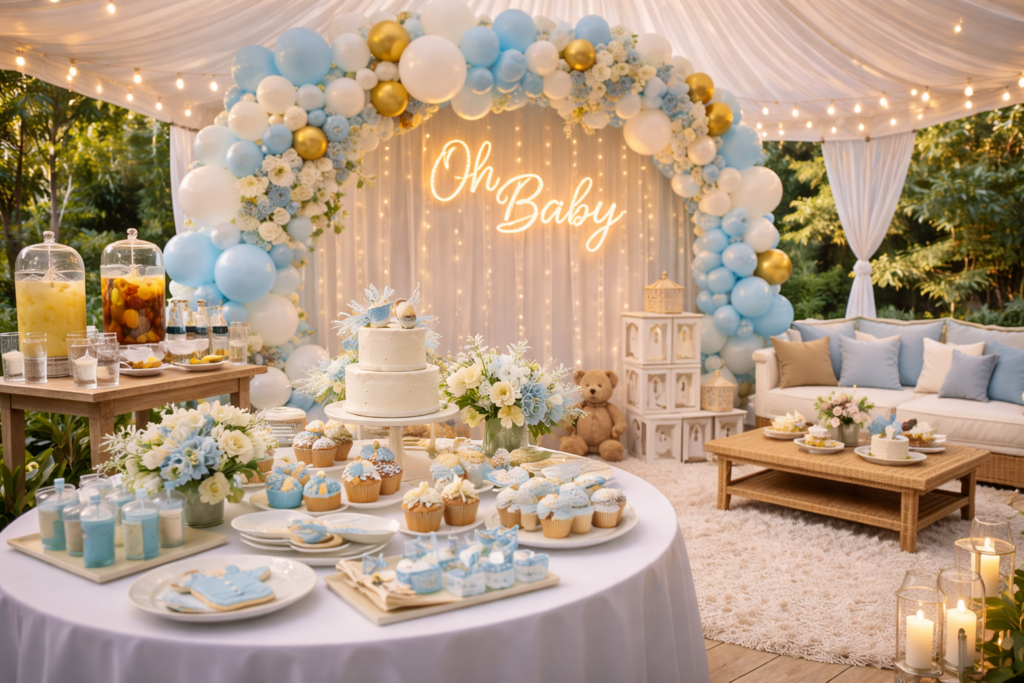 Décoration baby shower : arche de ballons, table nappée et buffet sucré – location événementielle en Savoie